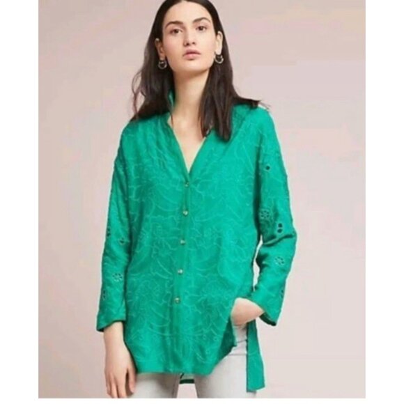 Anthropologie Akemi + Kin Womens S Blouse Shirt Green Boho Coastal Beach Casual - Picture 1 of 8